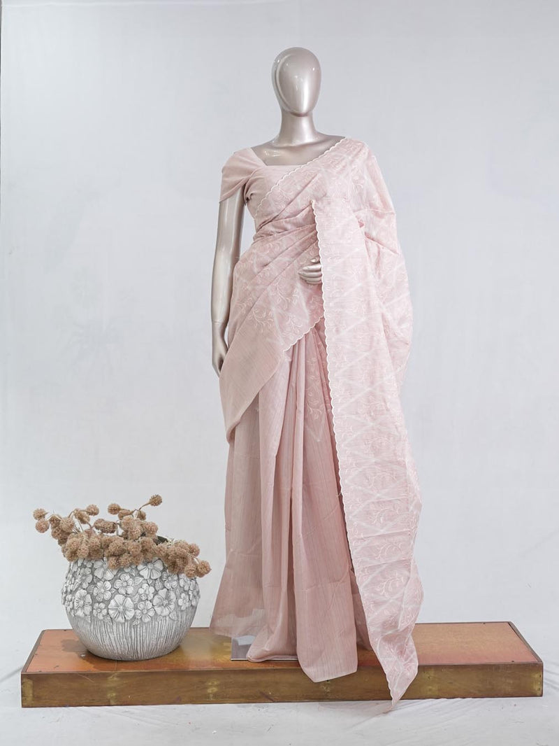 Soft baby pink floral embroidered raw cotton saree 5 SAN5552