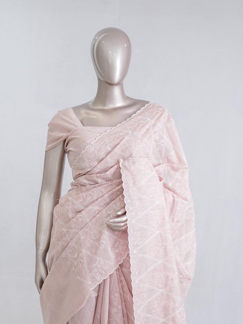 Soft baby pink floral embroidered raw cotton saree 5 SAN5552