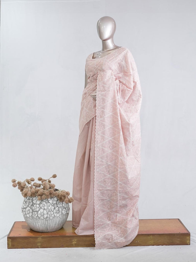 Soft baby pink floral embroidered raw cotton saree 5 SAN5552