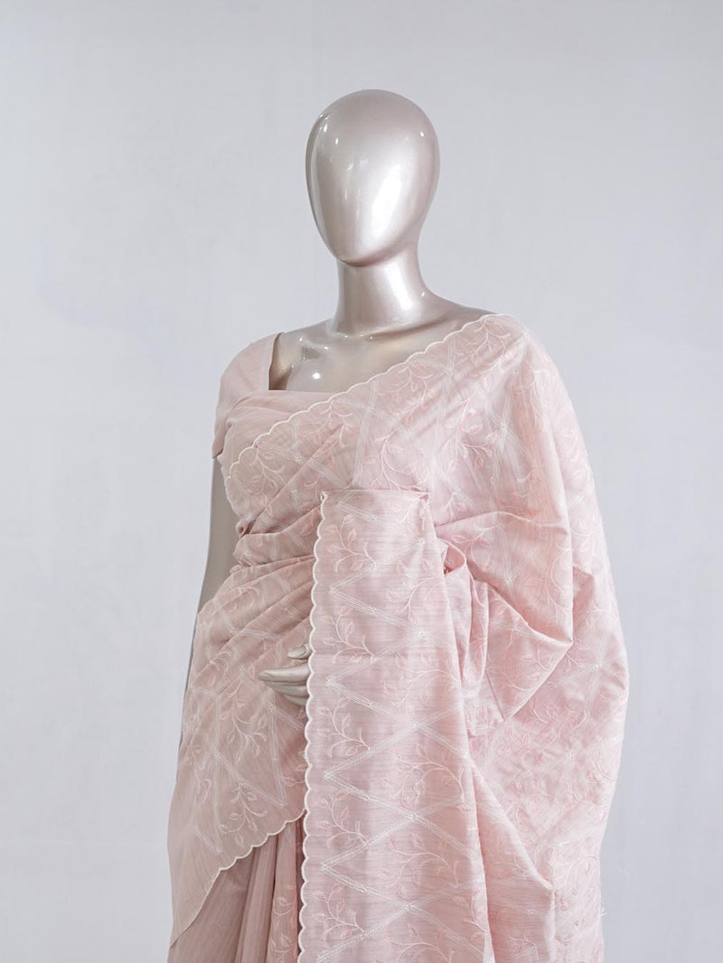 Soft baby pink floral embroidered raw cotton saree 5 SAN5552