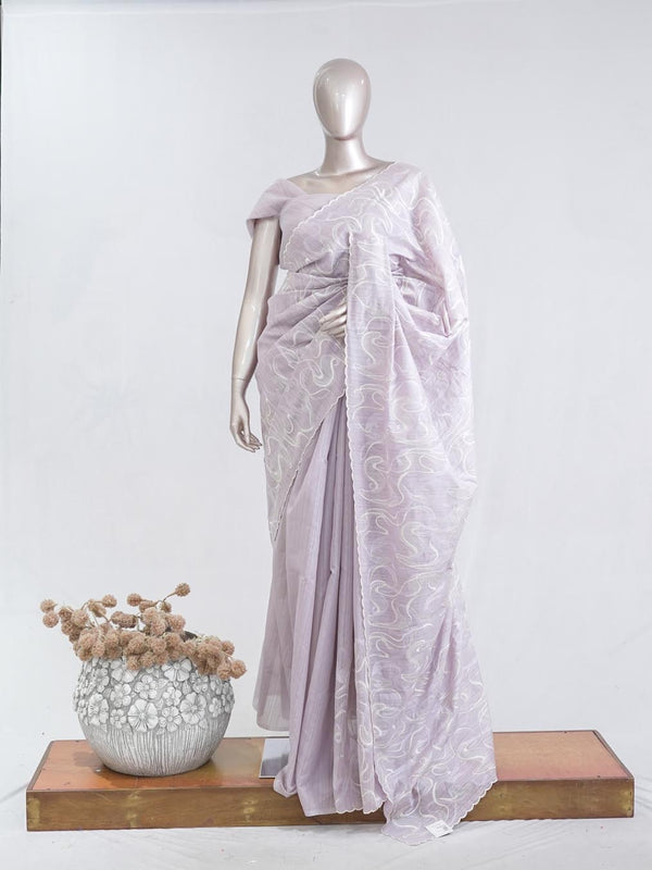 Soft lavender Abstract embroidered raw cotton saree  A1  SAN5551