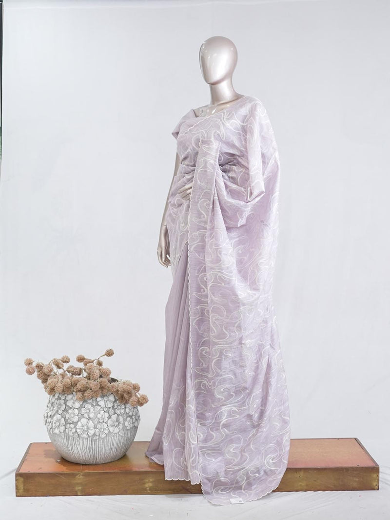 Soft lavender Abstract embroidered raw cotton saree  A1  SAN5551