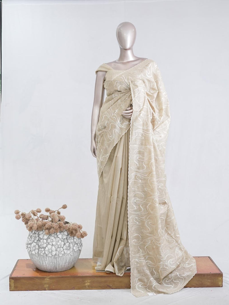 Powder blue floral embroidered raw cotton saree I  SAN5551