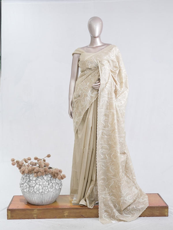 Powder blue floral embroidered raw cotton saree I  SAN5551