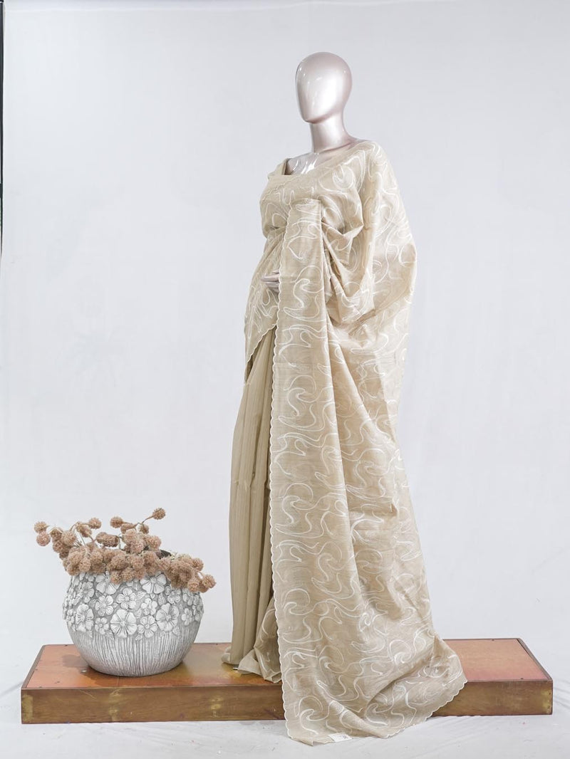 Powder blue floral embroidered raw cotton saree I  SAN5551