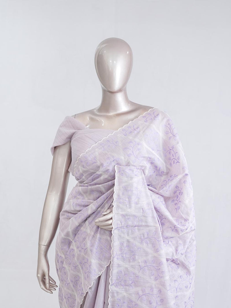 Soft lavender Geometrical embroidery raw cotton saree 6  SAN5552