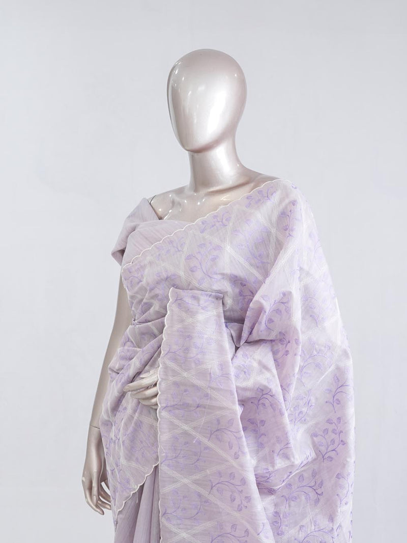 Soft lavender Geometrical embroidery raw cotton saree 6  SAN5552