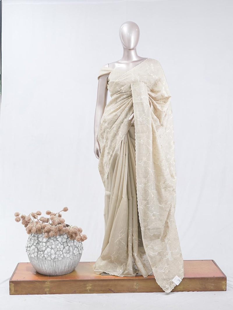 Saga beige⁠⁠ floral embroidered raw cotton saree SAN5550 F