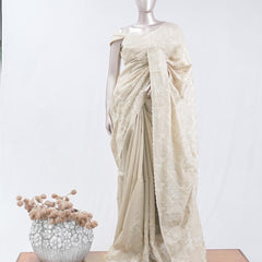 Saga beige⁠⁠ floral embroidered raw cotton saree SAN5550 F