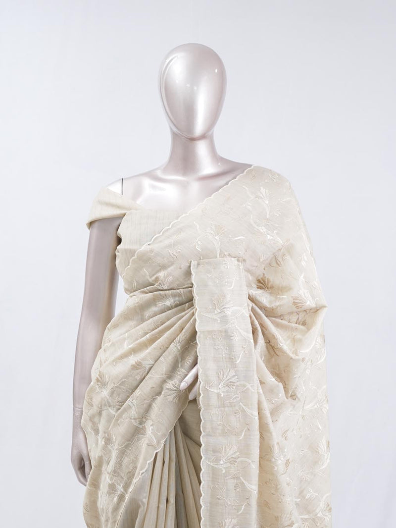 Saga beige⁠⁠ floral embroidered raw cotton saree SAN5550 F