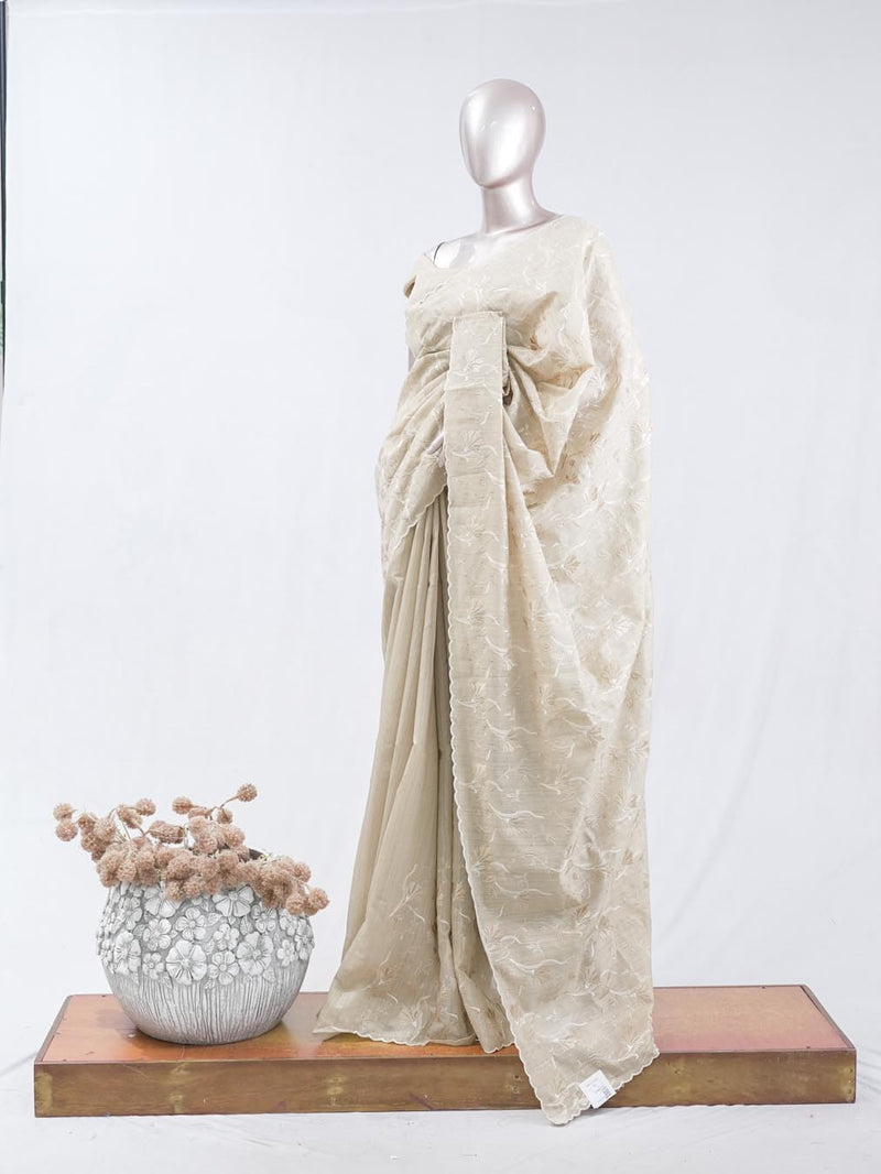 Saga beige⁠⁠ floral embroidered raw cotton saree SAN5550 F