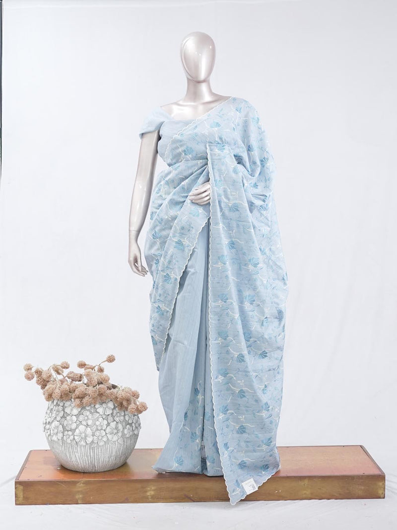 Powder blue floral embroidered raw cotton saree SAN5550  G