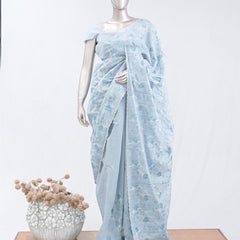 Powder blue floral embroidered raw cotton saree SAN5550  G
