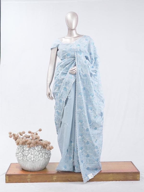 Powder blue floral embroidered raw cotton saree SAN5550  G