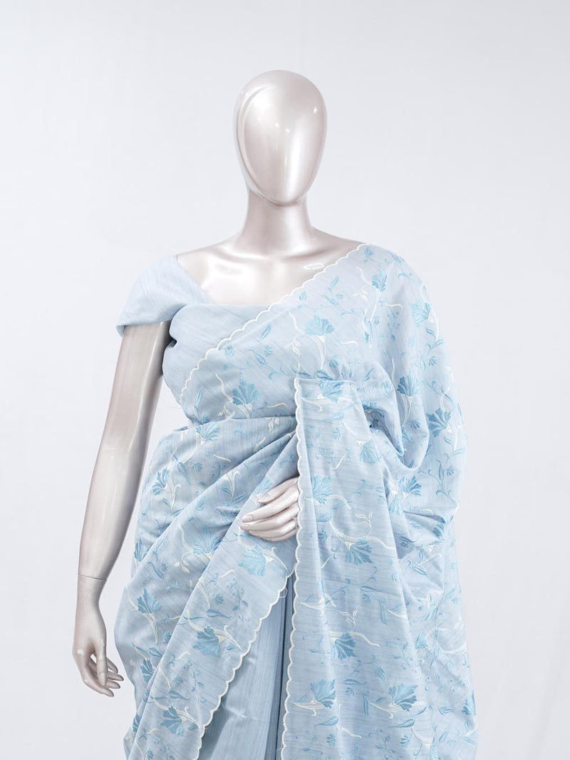 Powder blue floral embroidered raw cotton saree SAN5550  G