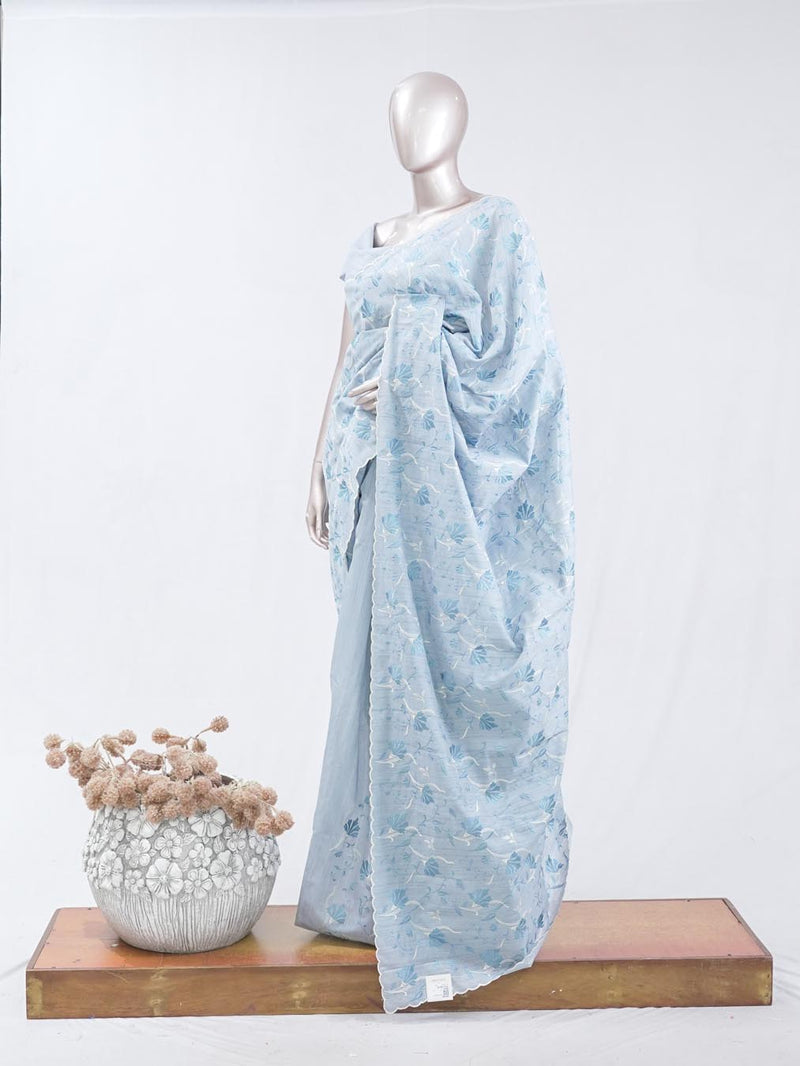 Powder blue floral embroidered raw cotton saree SAN5550  G