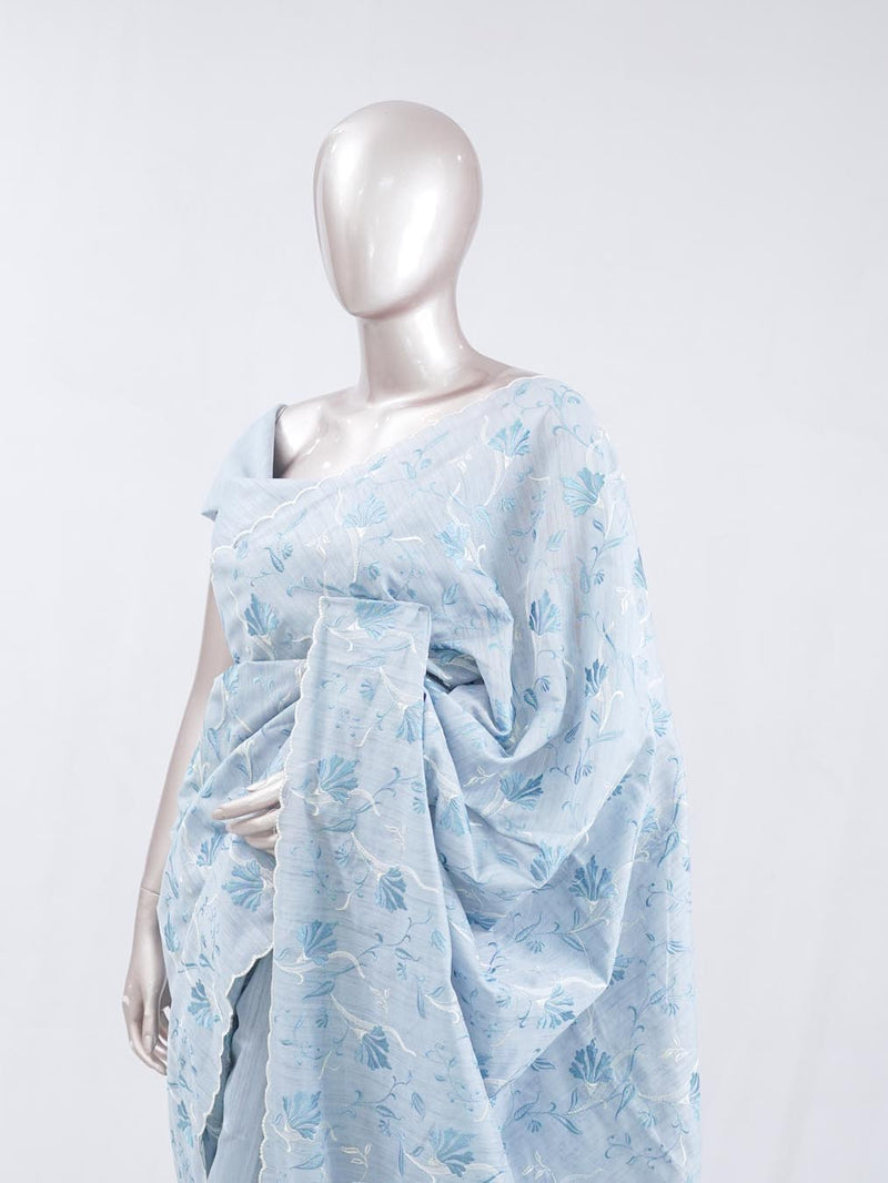 Powder blue floral embroidered raw cotton saree SAN5550  G