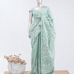Mint green Abstract  embroidered raw cotton saree 8
