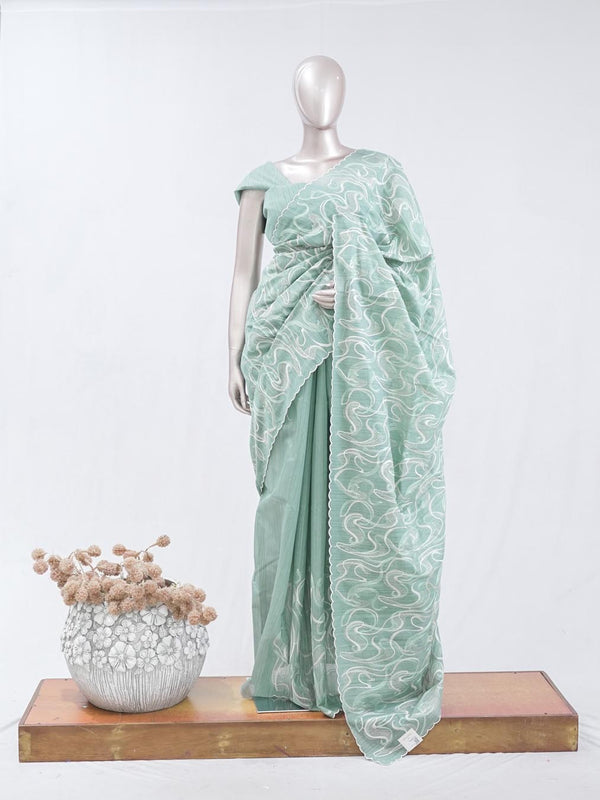 Mint green Abstract  embroidered raw cotton saree 8