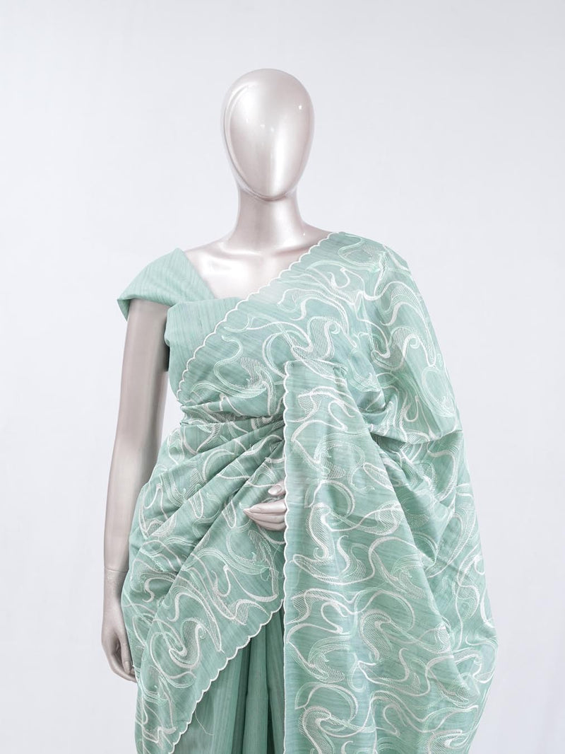 Mint green Abstract  embroidered raw cotton saree 8
