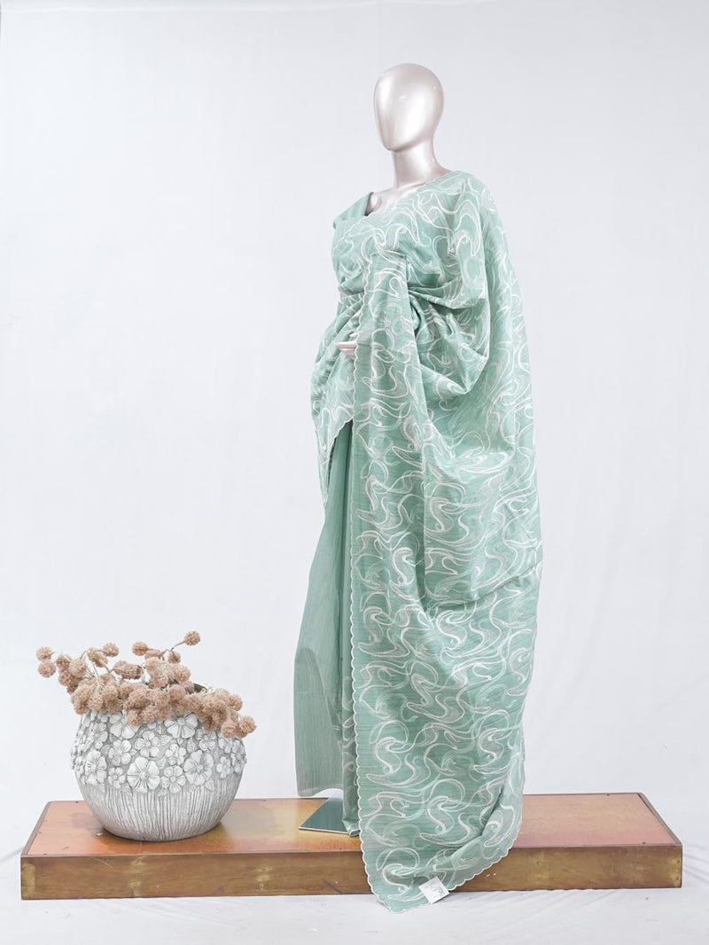 Mint green Abstract  embroidered raw cotton saree 8