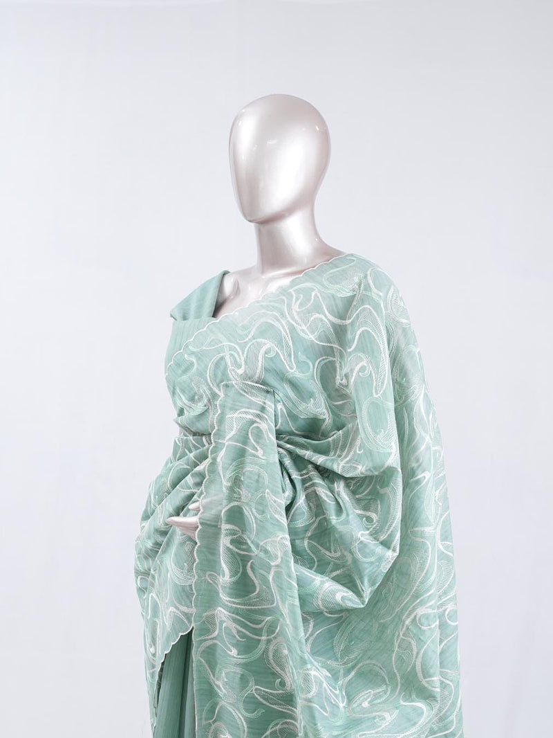 Mint green Abstract  embroidered raw cotton saree 8