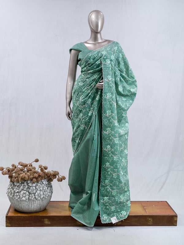 ⁠Pastel Mint Green embroidered raw cotton  SAN5550