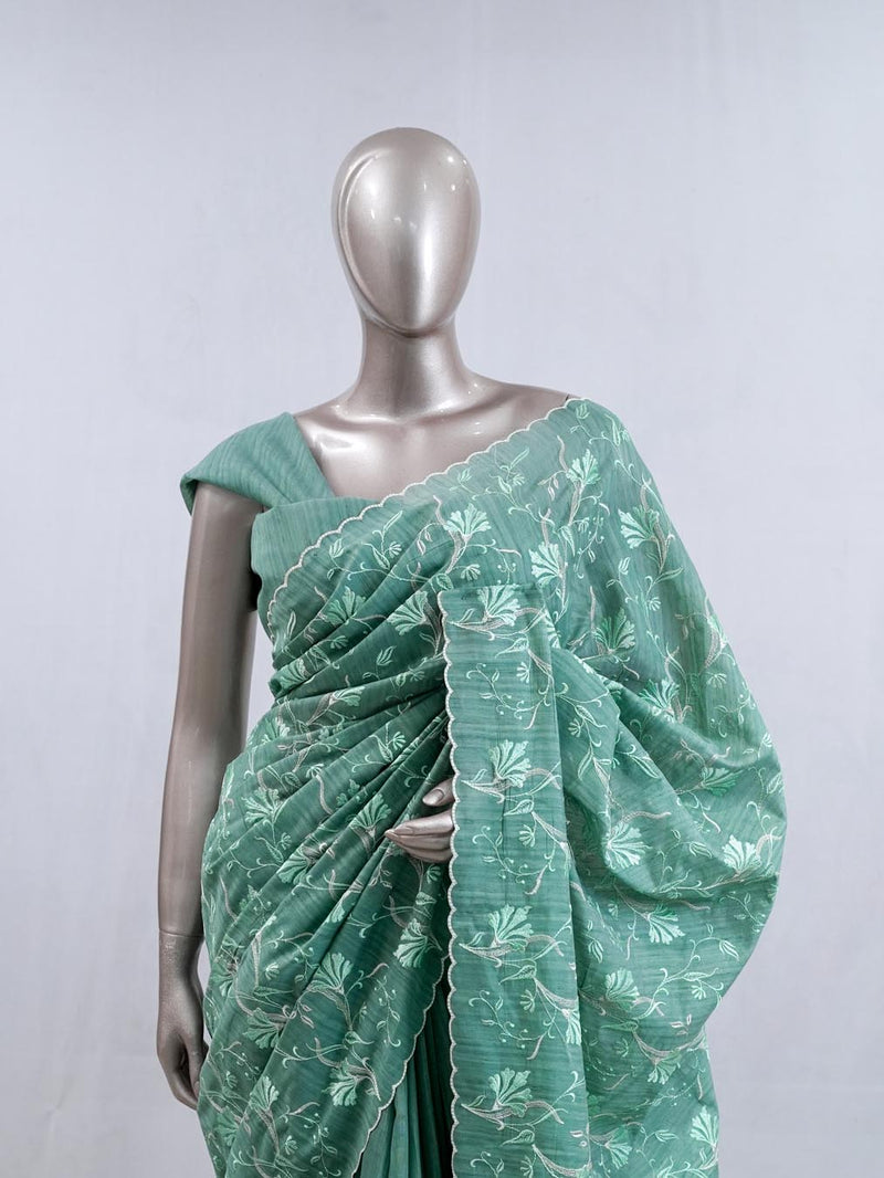 ⁠Pastel Mint Green embroidered raw cotton  SAN5550