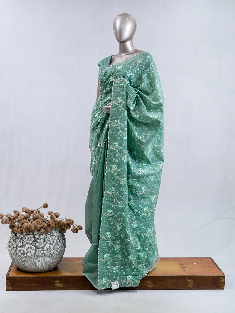 ⁠Pastel Mint Green embroidered raw cotton  SAN5550