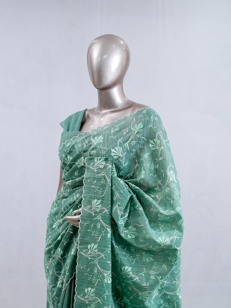 ⁠Pastel Mint Green embroidered raw cotton  SAN5550