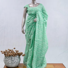 Pistachio green Geometrical embroidery raw cotton saree SAN5552