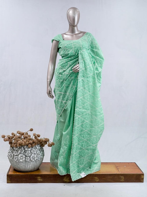 Pistachio green Geometrical embroidery raw cotton saree SAN5552