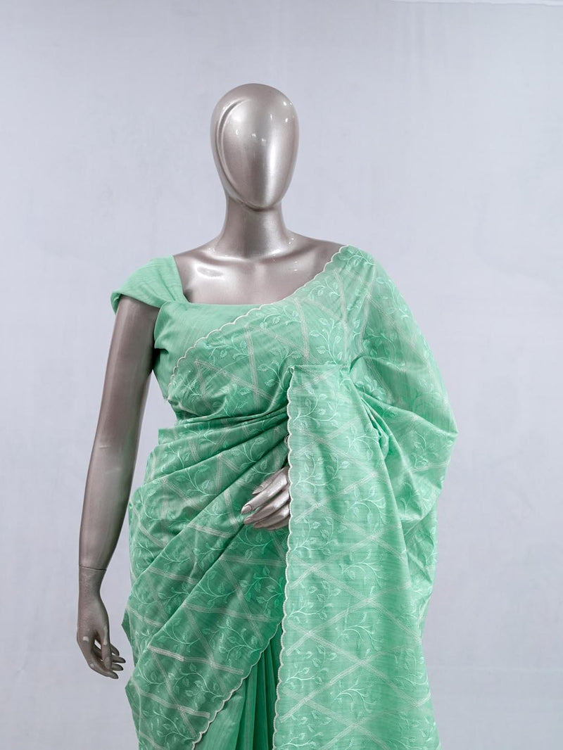 Pistachio green Geometrical embroidery raw cotton saree SAN5552