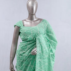 Pistachio green Geometrical embroidery raw cotton saree SAN5552