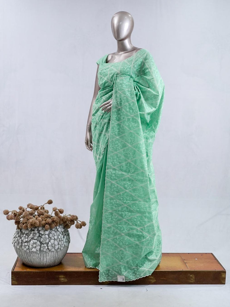 Pistachio green Geometrical embroidery raw cotton saree SAN5552