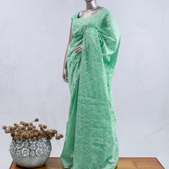Pistachio green Geometrical embroidery raw cotton saree SAN5552