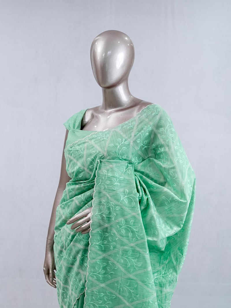 Pistachio green Geometrical embroidery raw cotton saree SAN5552