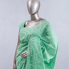 Pistachio green Geometrical embroidery raw cotton saree SAN5552