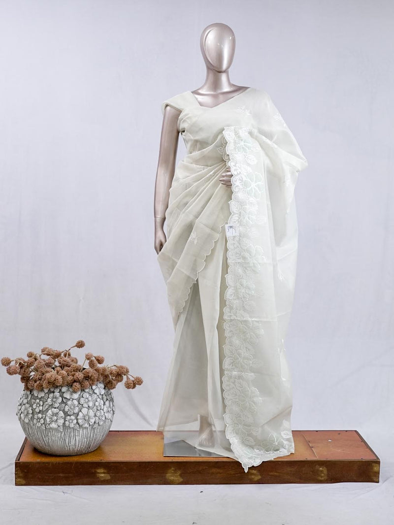 Ivory white blossom organza saree  SAN5474