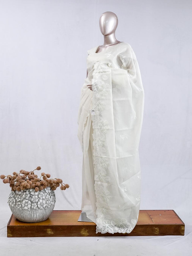 Ivory white blossom organza saree  SAN5474