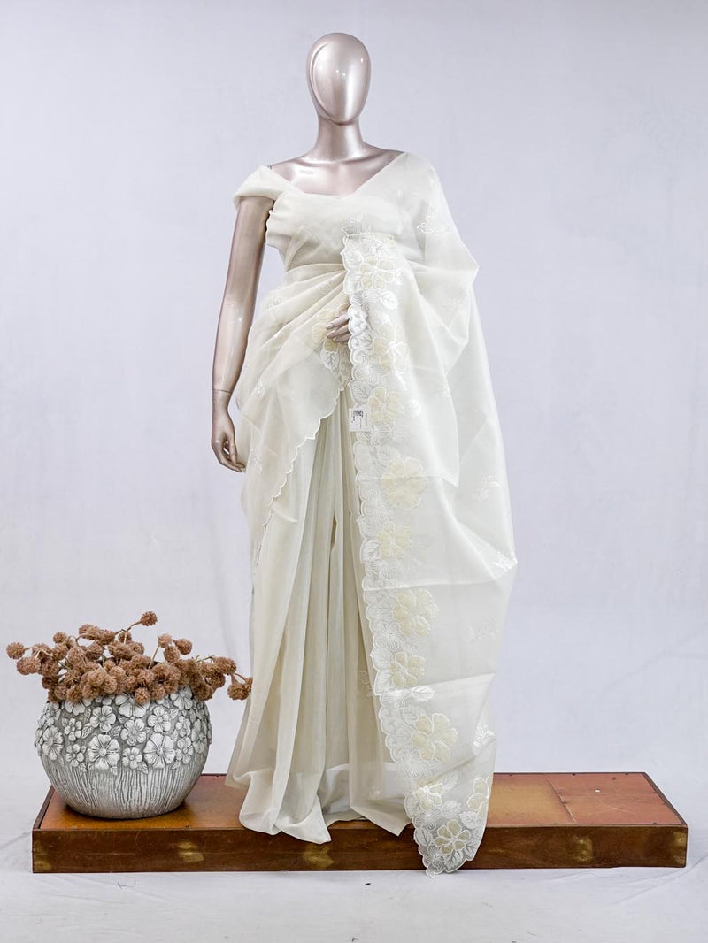 Pastel yellow blossom organza saree SAN5474