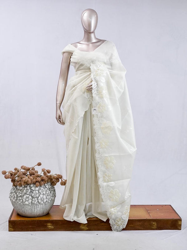 Pastel yellow blossom organza saree SAN5474