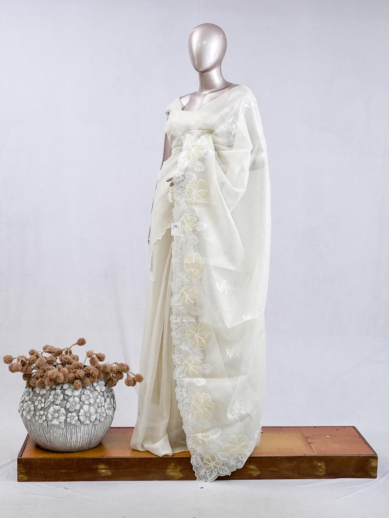 Pastel yellow blossom organza saree SAN5474