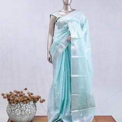 ⁠Aqua Blue tissue cotton linen tc52 saree  SAN5485
