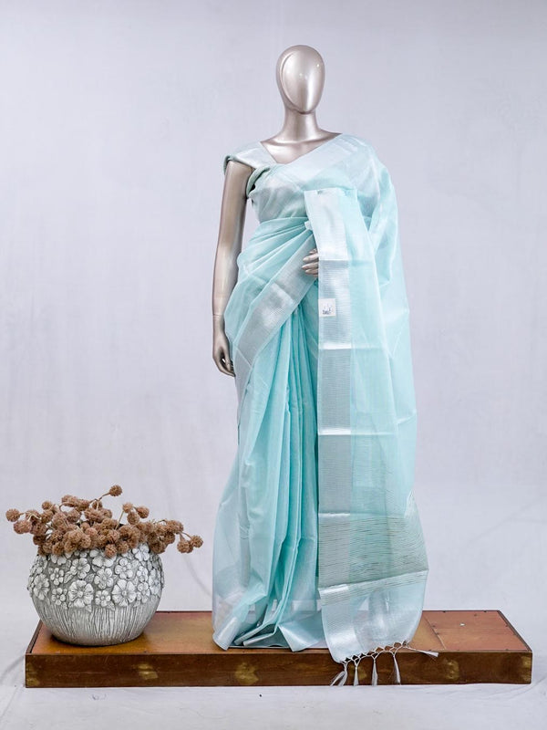 ⁠Aqua Blue tissue cotton linen tc52 saree  SAN5485