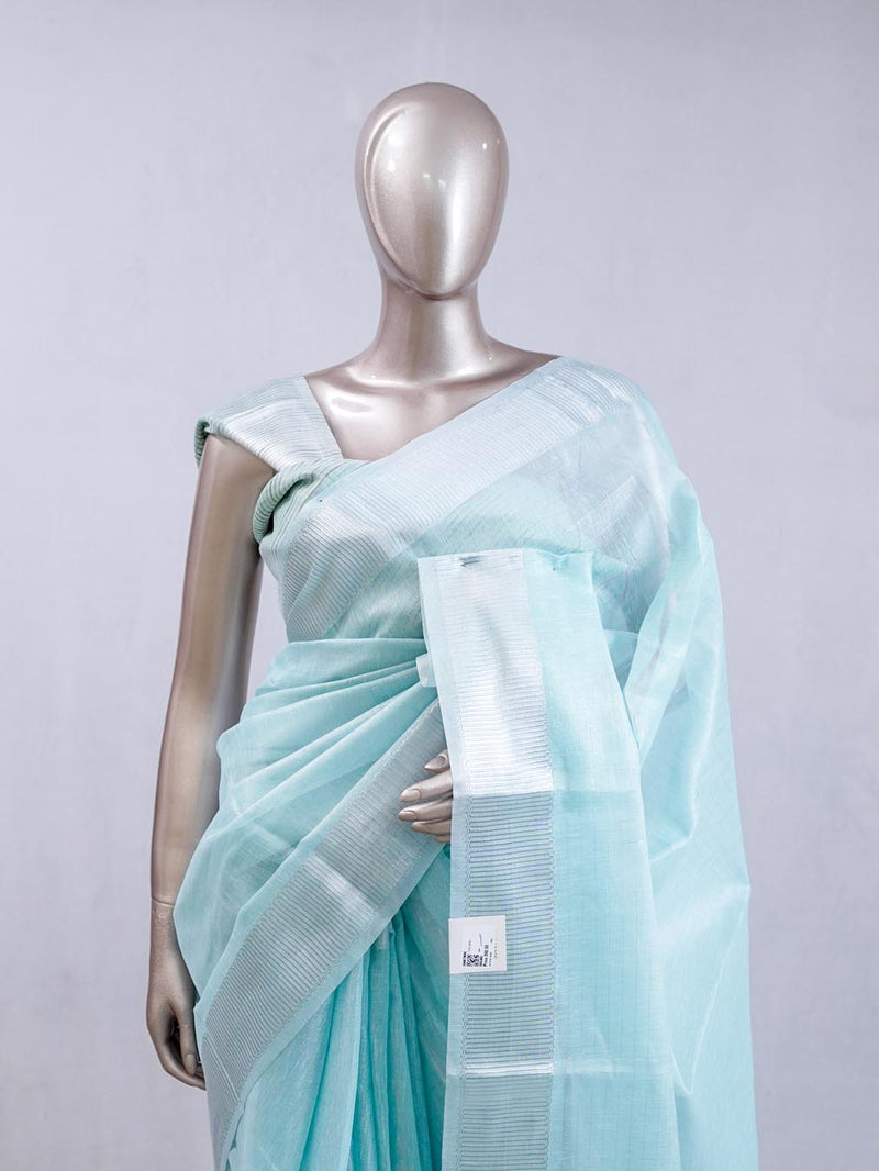 ⁠Aqua Blue tissue cotton linen tc52 saree  SAN5485