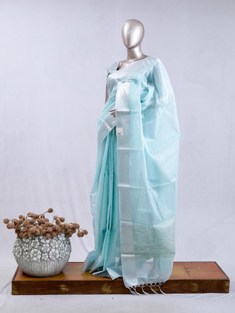 ⁠Aqua Blue tissue cotton linen tc52 saree  SAN5485