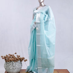 ⁠Aqua Blue tissue cotton linen tc52 saree  SAN5485