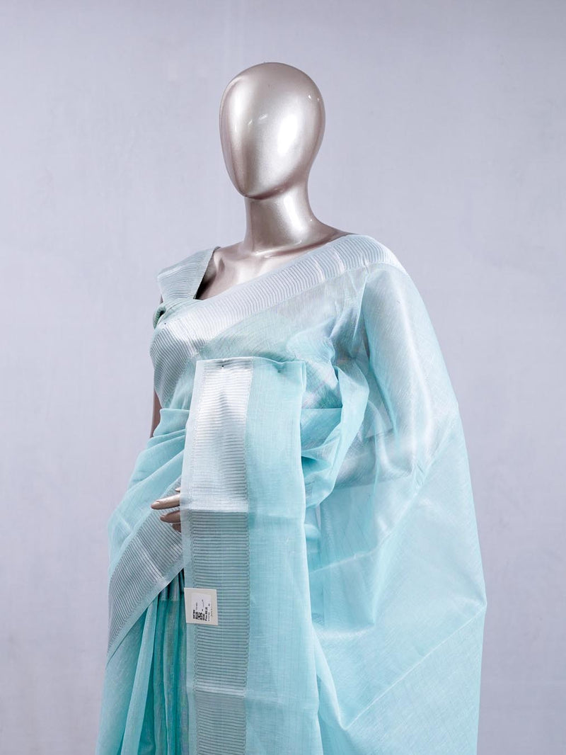 ⁠Aqua Blue tissue cotton linen tc52 saree  SAN5485