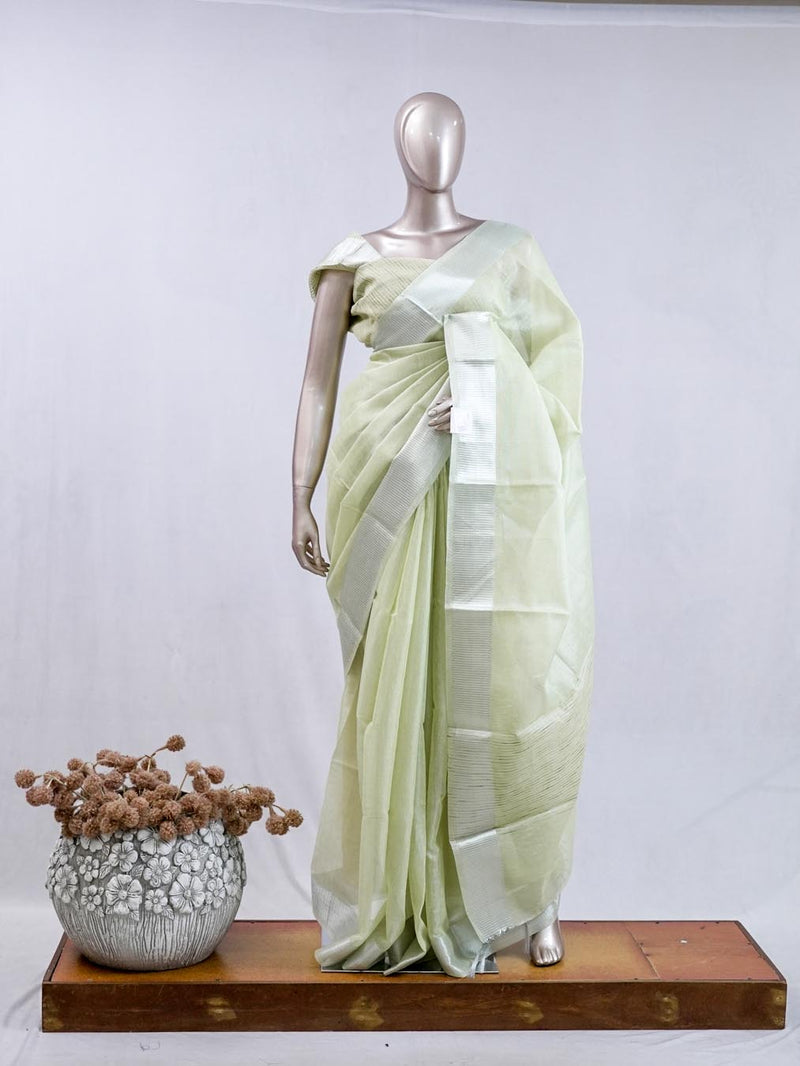 Pastel Pistachio Green tissue cotton linen Saree SAN5485